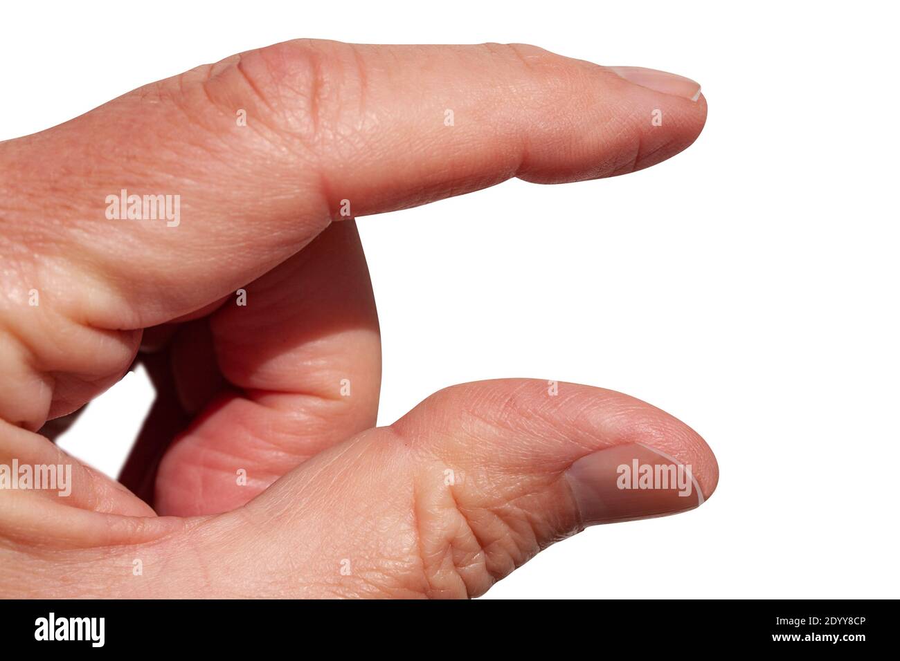 Elemento invisibile per la misurazione del pollice e del dito indice della mano. Isolato su bianco. Primo piano dell'immagine. Foto Stock