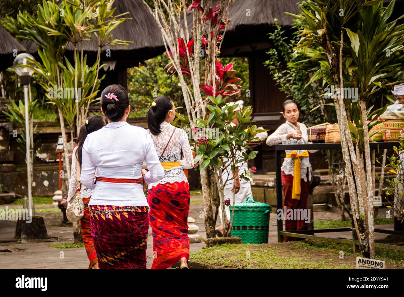 Le donne in abiti tradizionali si stanno preparando per una cerimonia Al Tempio di Batukaru a Bali Foto Stock