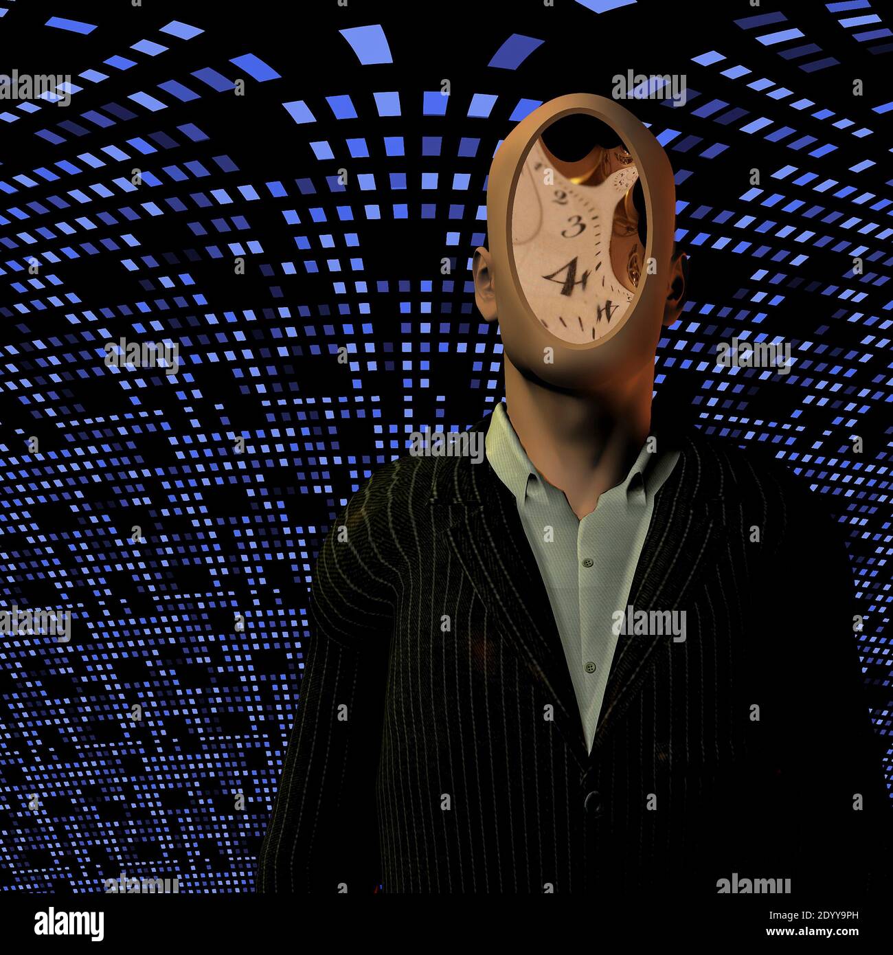 Uomo con quadrante di orologio davanti alla griglia blu. Rendering 3D Foto Stock