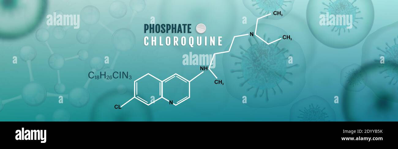 Coronavirus Covid-19 trattamento con clorochina fosfato o vaccino -illustrazione di concetto banner Foto Stock