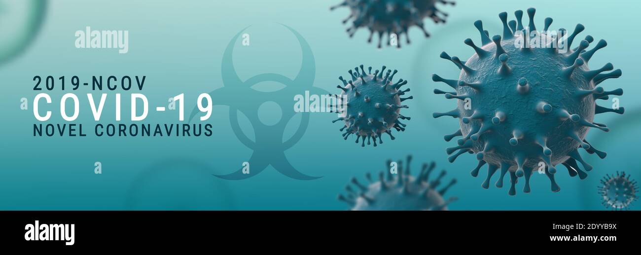 Illustrazione del coronavirus - concetto di microbiologia e virologia - con testo su sfondo blu. Concetto di protezione da pandemie di virus Foto Stock