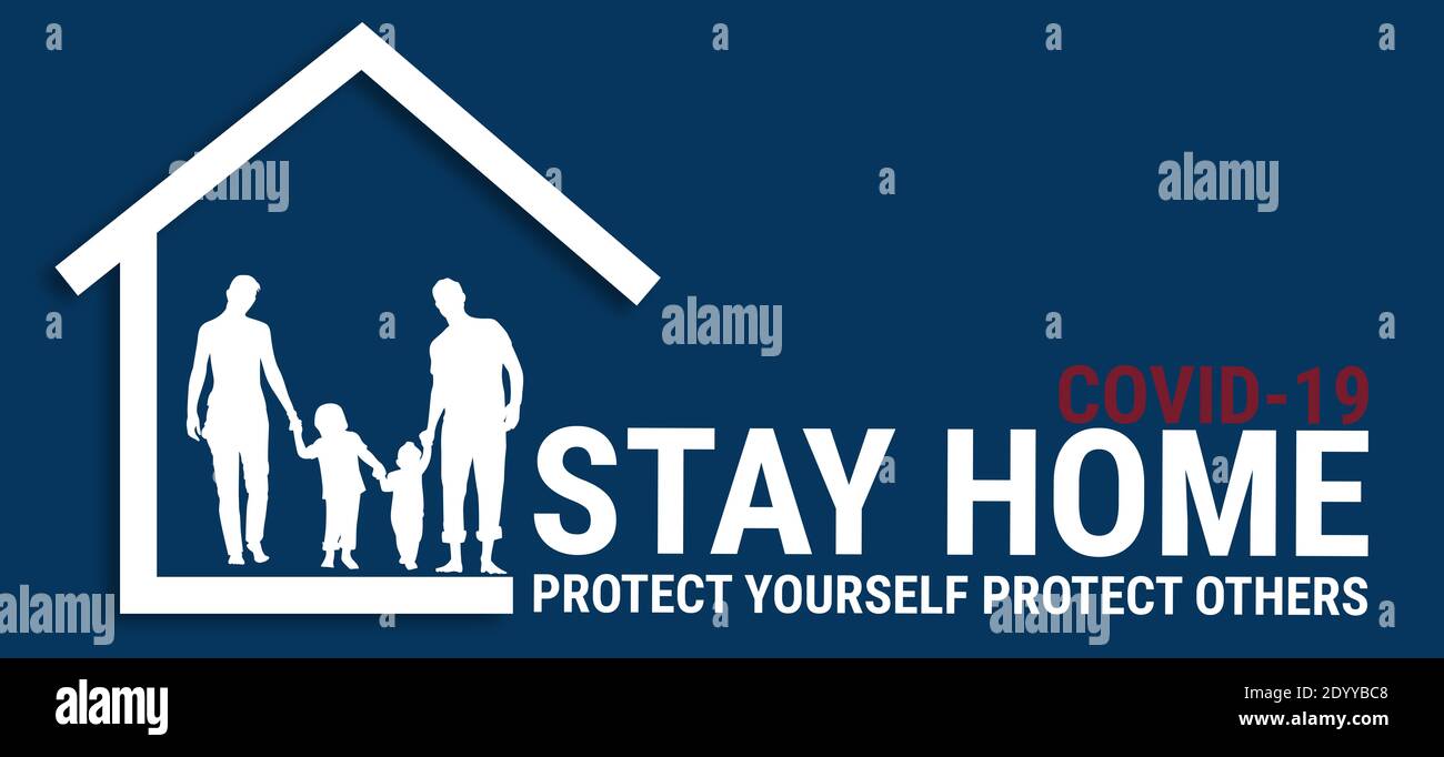 Covid-19, messaggio di prevenzione Stay Home illustrazione banner. Rimani a casa e rimani al sicuro Foto Stock