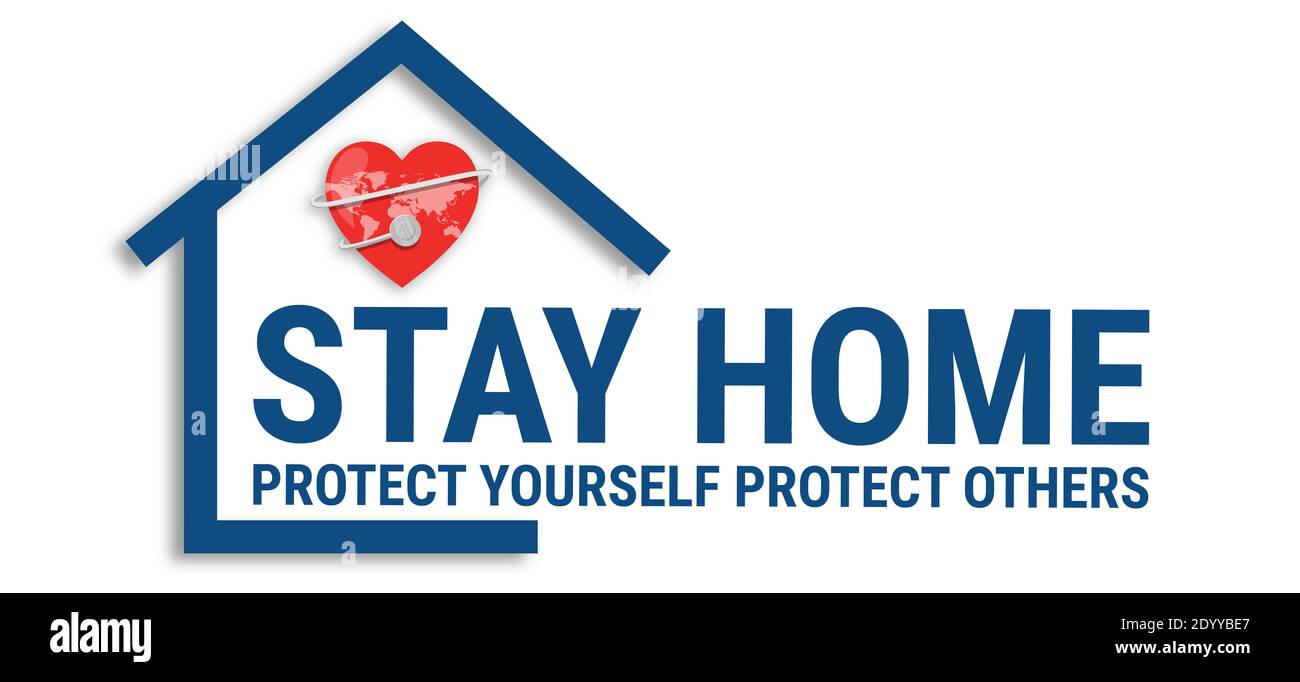 Covid-19, messaggio di prevenzione Stay Home illustrazione banner. Rimani a casa e rimani al sicuro Foto Stock