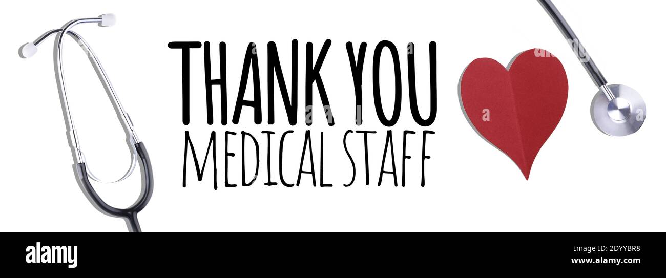 Grazie messaggio del personale medico con stetoscopio e cuori rossi - Banner Foto Stock