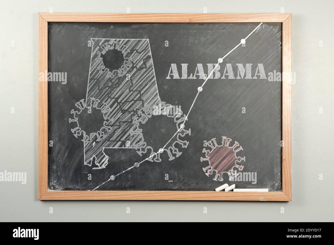 Disegno di lavagna dell'Alabama con pandemia di coronavirus e grafico a linee illustrazione della diffusione o del pedaggio Foto Stock