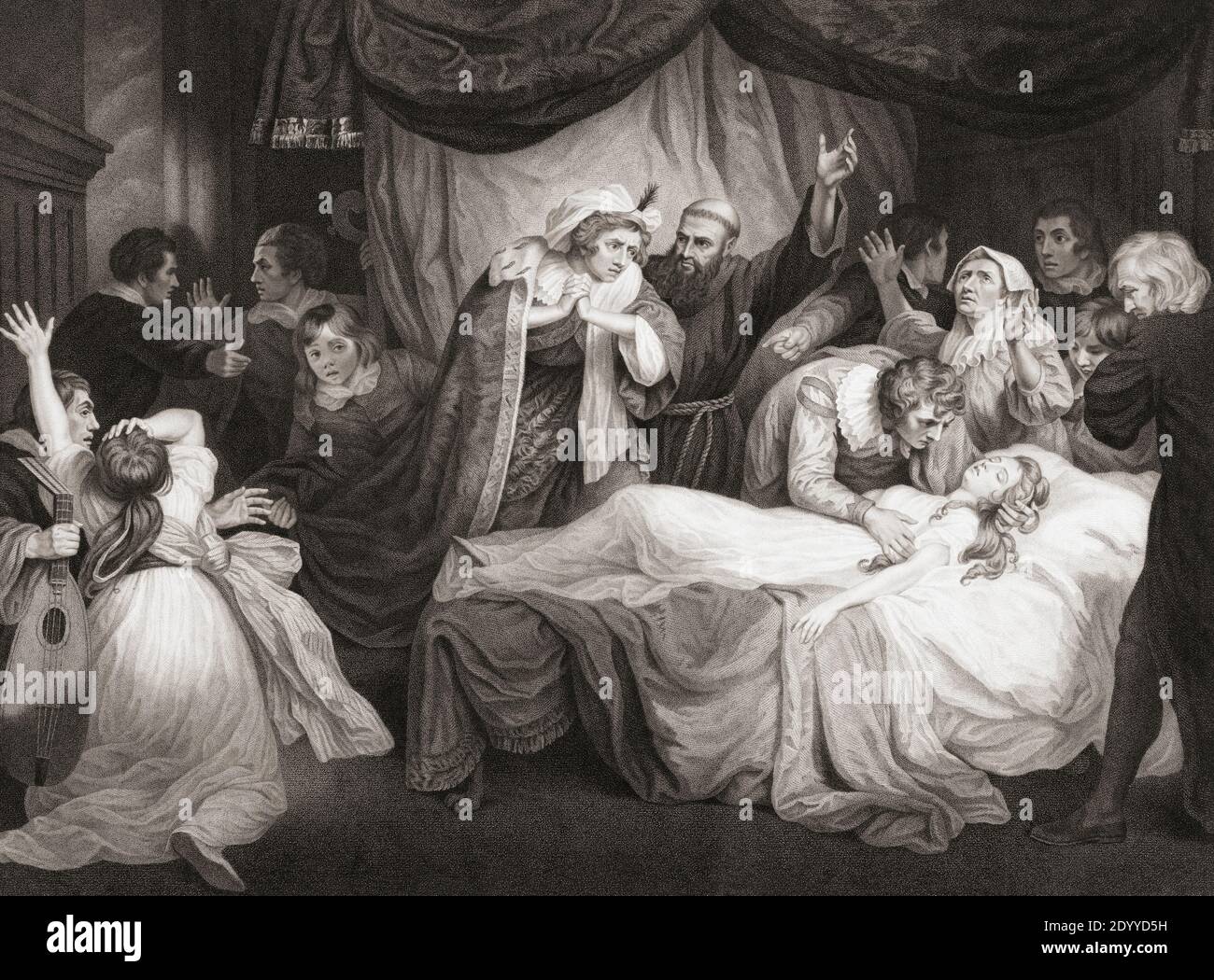 Illustrazione della commedia di William Shakespeare Romeo and Juliet, atto IV, scena V. da un'incisione del XVIII secolo di Georg Facius e Johann Facius dopo un'opera di John Opie. Foto Stock