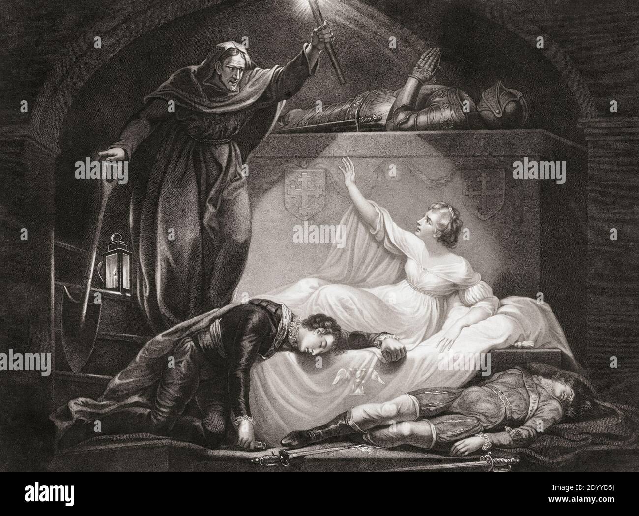 Illustrazione del gioco di William Shakespeare Romeo e Giulietta, atto V, scena III. Da un'incisione del XVIII secolo di John Simon dopo un'opera di James Northcote. Foto Stock