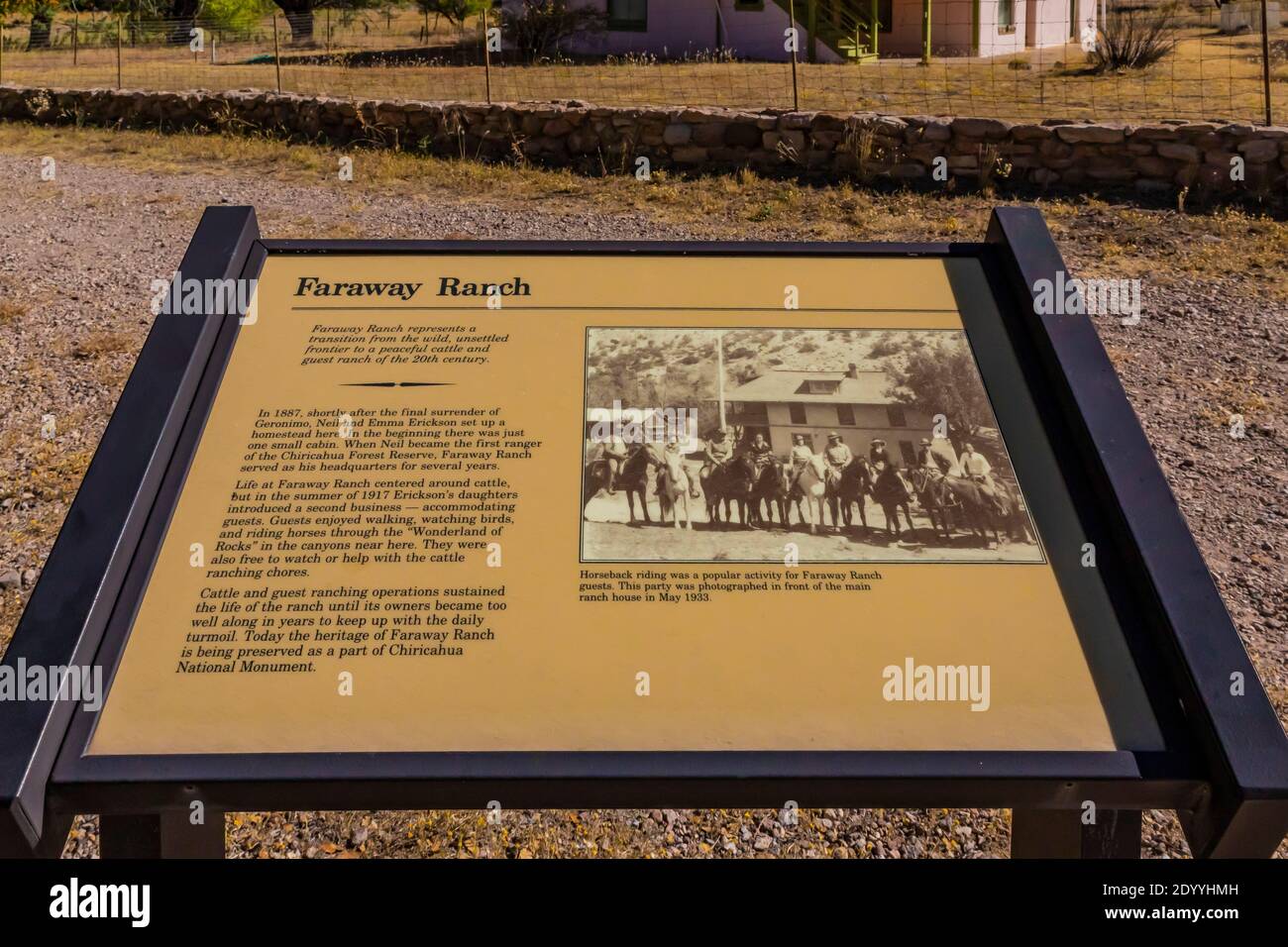 Segno interpretativo per Faraway Ranch a Chiricahua National Monument, Arizona, USA Foto Stock