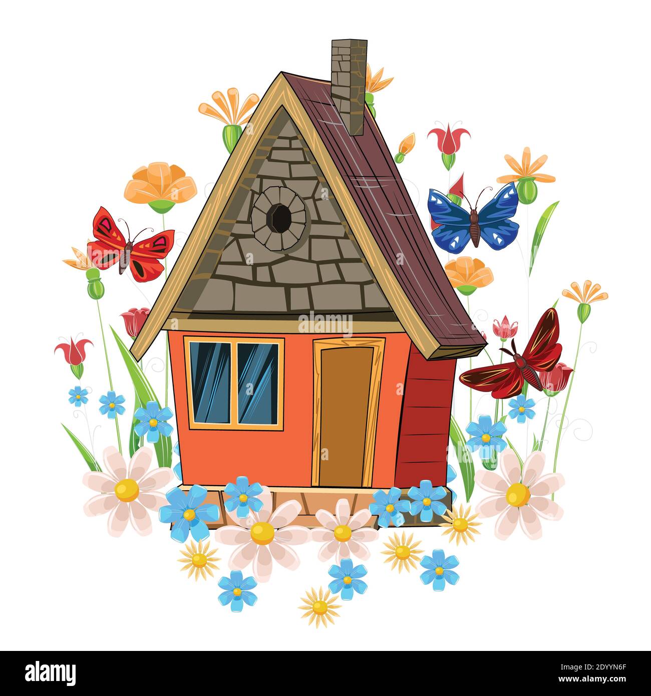 Casa in pietra. Favoloso oggetto cartoon. Carino stile infantile. Antica dimora. Minuscolo, piccolo. Sullo sfondo di fiori e farfalle. Isolato Foto Stock