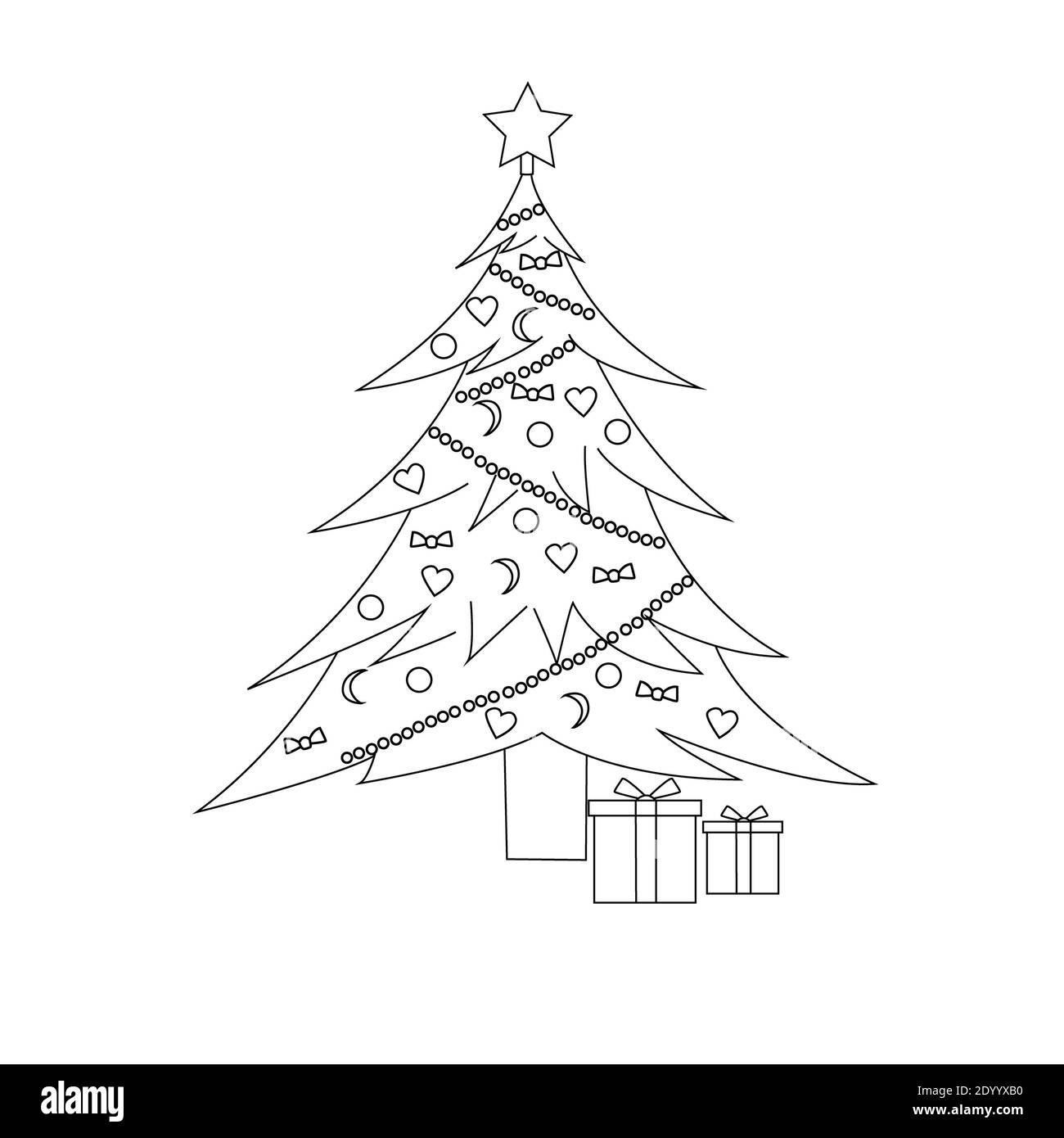 albero di natale con regali - 8 Libro da colorare albero di Natale decorato con una ghirlanda, palle e archi, regali sotto l'albero Foto stock - Alamy
