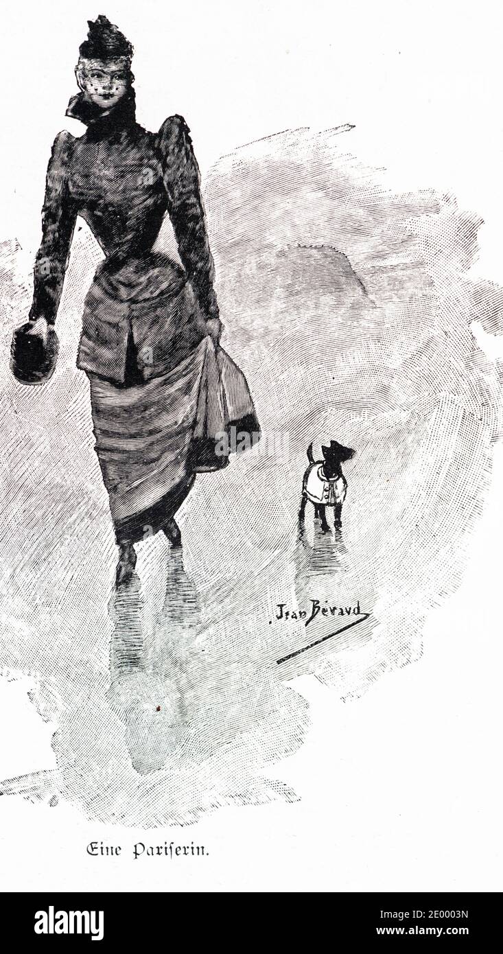 Titolo 'Eine Pariserin' una donna paisiana che cammina con il suo piccolo cane, Ilustrazione da 'Die Haupstädte der Welt', Breslau circa 1897 Foto Stock