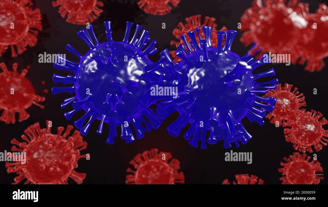 Processo di mutazione del coronavirus su sfondo scuro. illustrazione 3d della generazione di nuovi ceppi da virus in primo piano. Immagine microscopica astratta di mutato Foto Stock