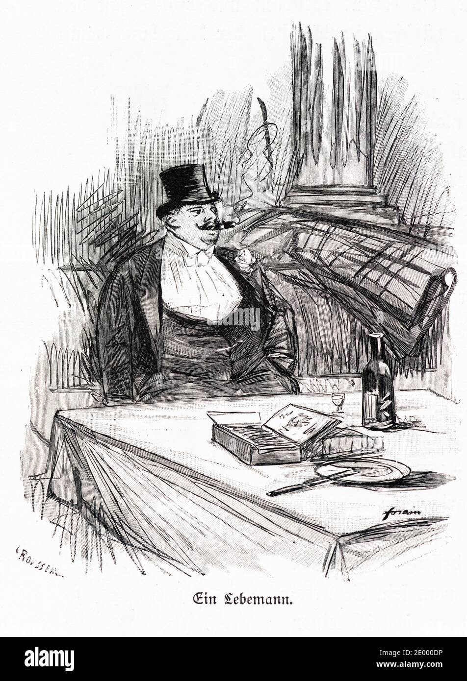 Titolo 'Ein Lebemann' o 'un uomo sulla città' seduto ad un tavolo in un ristorante, Ilustration da 'Die Haupstädte der Welt', Breslau circa 1897 Foto Stock