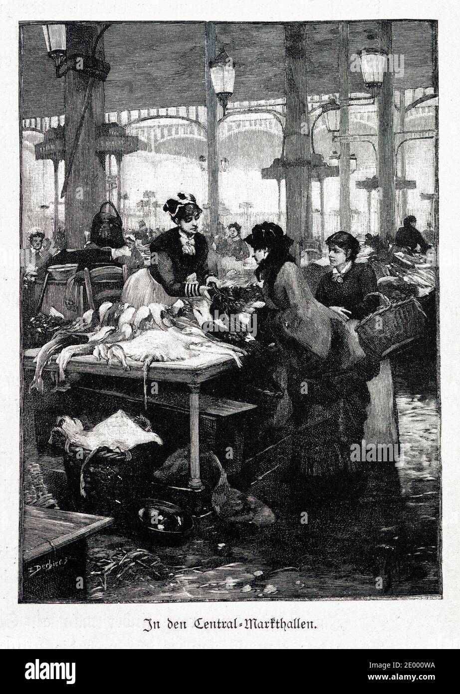 Donna che acquista nelle sale del mercato centrale 'in den Central-Markthallen', Ilustration da 'Die Haupstädte der Welt', Breslau circa 1897 Foto Stock