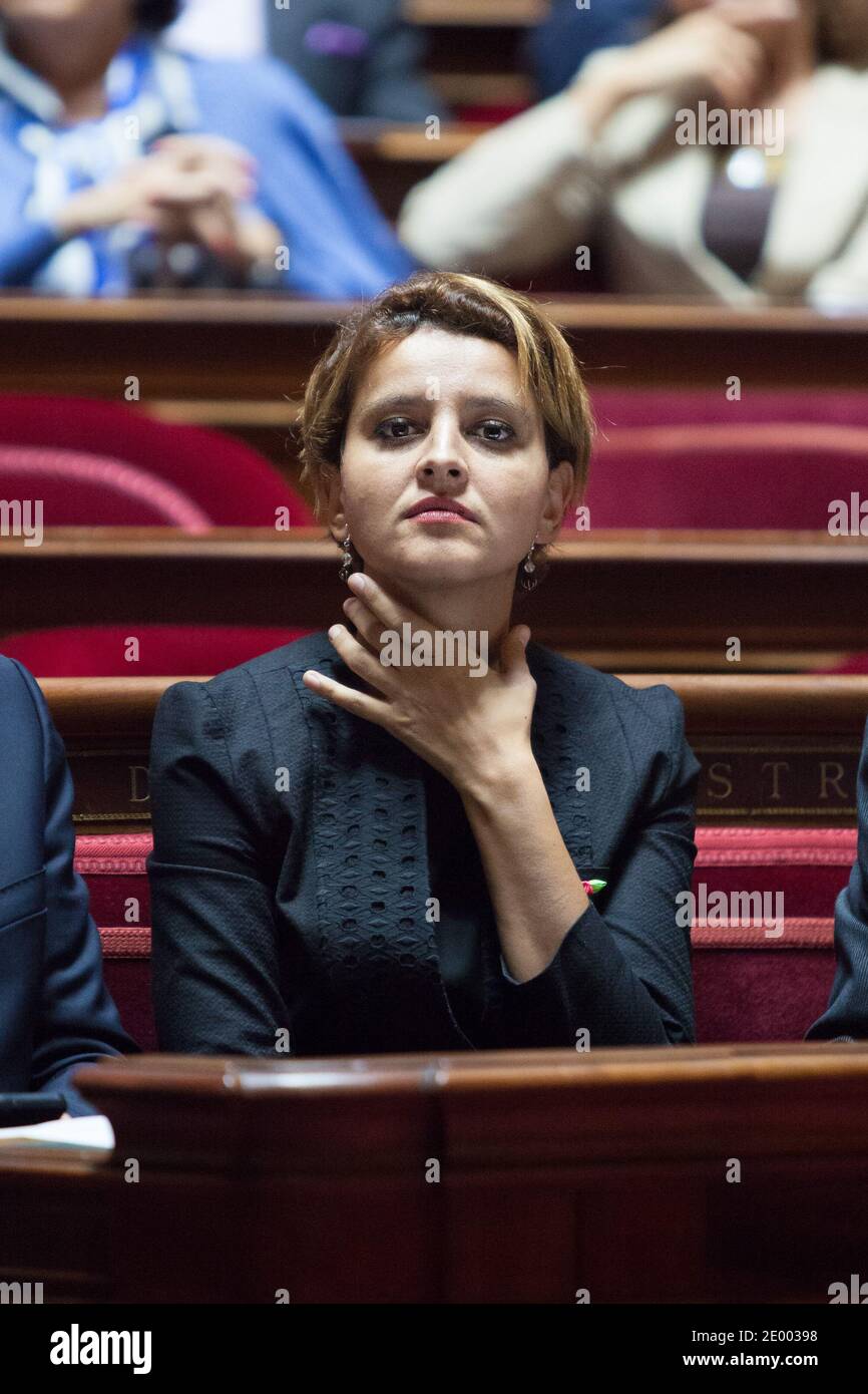 Il Ministro junior per i diritti della donna e il portavoce del governo Najat Vallaud-Belkacem ha presentato al Senato il 3 ottobre 2013, a Parigi, Francia, durante il tempo delle interrogazioni. Foto di Romain boe/ABACAPRESS.COM Foto Stock