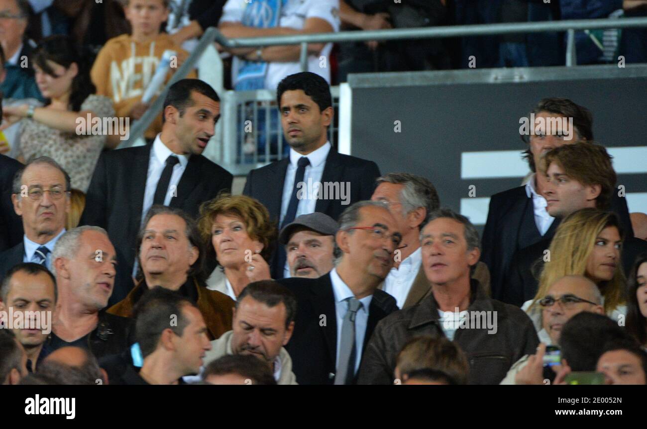 Nasser al-Khelaifi, presidente del PSG, e Vincent Labrune, presidente OM  durante la prima partita di calcio della Lega francese, Olympique de  Marseille contro Paris Saint-Germain allo stadio Veledrome di Marsiglia,  Francia, il
