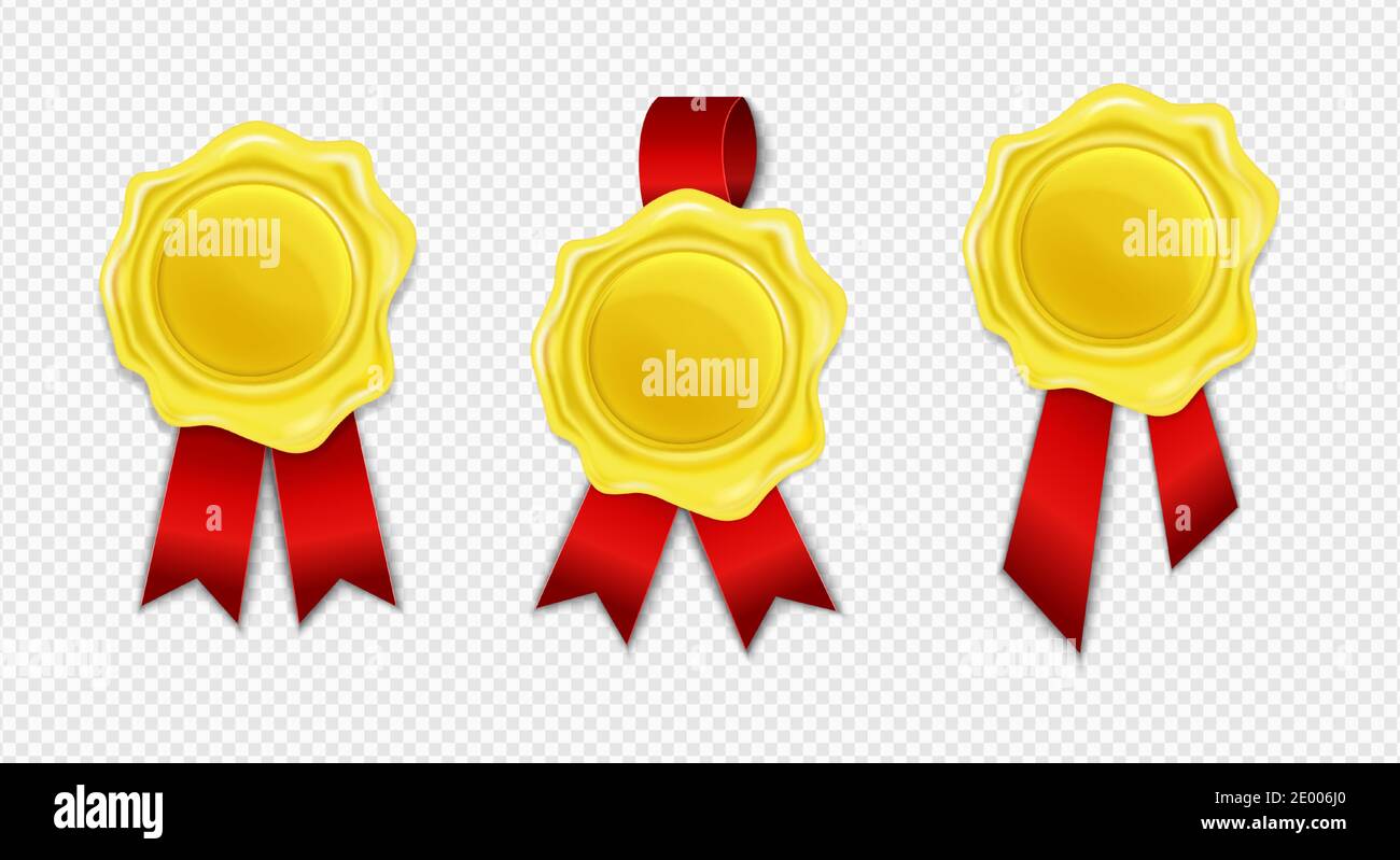 Collezione di ceralacca dorata con nastro rosso isolato su fondo bianco. Timbro retro circolare realistico per documenti, buste, lettere o striscioni Illustrazione Vettoriale