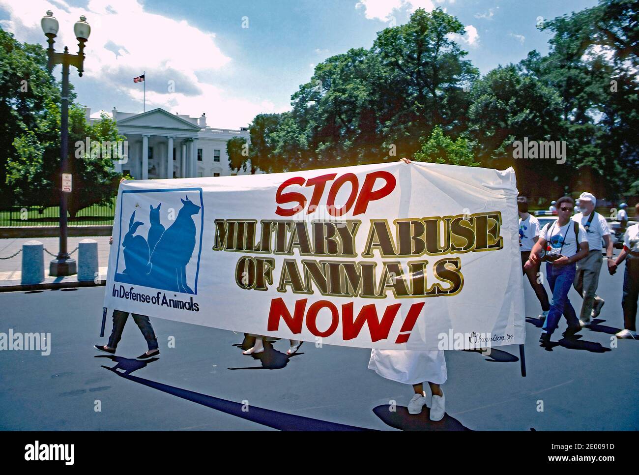 Washington, DC. USA, 10 giugno 1990 migliaia di attivisti per i diritti degli animali marciano davanti alla Casa Bianca manifestando contro l'uso di animali in esperimenti medici, contro l'uso di pelli animali in pellicce e persino mangiando animali; Foto Stock