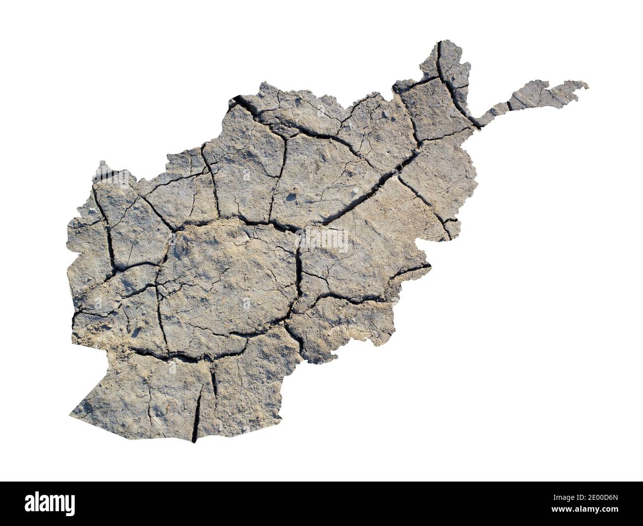 Silhouette dell'Afghanistan. La mappa è realizzata con l'immagine di terra asciutta. Metafora di cambiamenti climatici catastrofici nella zona - siccità, dryland, desertificat Foto Stock