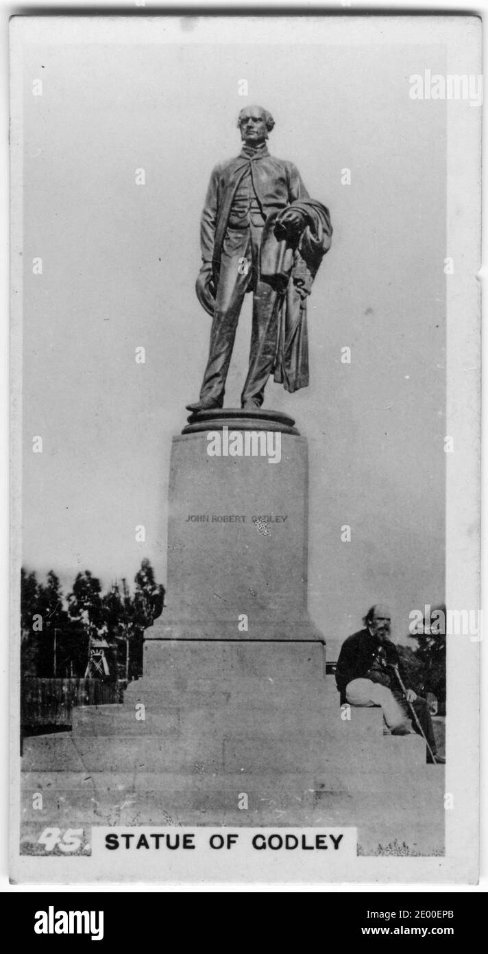 Illustrazione di una statua di John Robert Godley a Christchurch, Nuova Zelanda; da una scheda di sigaretta stampata negli anni trenta. John Robert Godley (1861 – 1814) è stato un . Godley è considerato il fondatore di Canterbury, Nuova Zelanda, anche se ha vissuto lì per solo due anni. Foto Stock