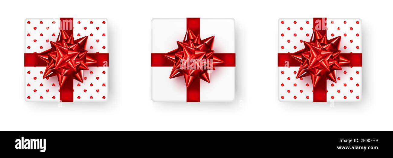 Biglietto d'auguri per San Valentino. Illustrazione vettoriale di cuori 3d rossi realistici, cornici a forma di cuore dorato e scatole regalo con nastro di prua, paillettes e. Illustrazione Vettoriale