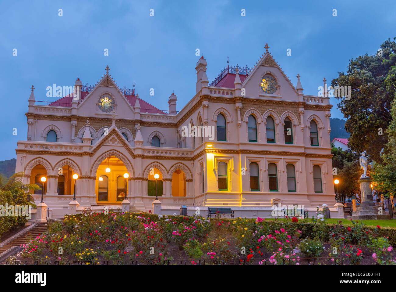 Vista al tramonto della Biblioteca parlamentare a Wellington, Nuova Zelanda Foto Stock