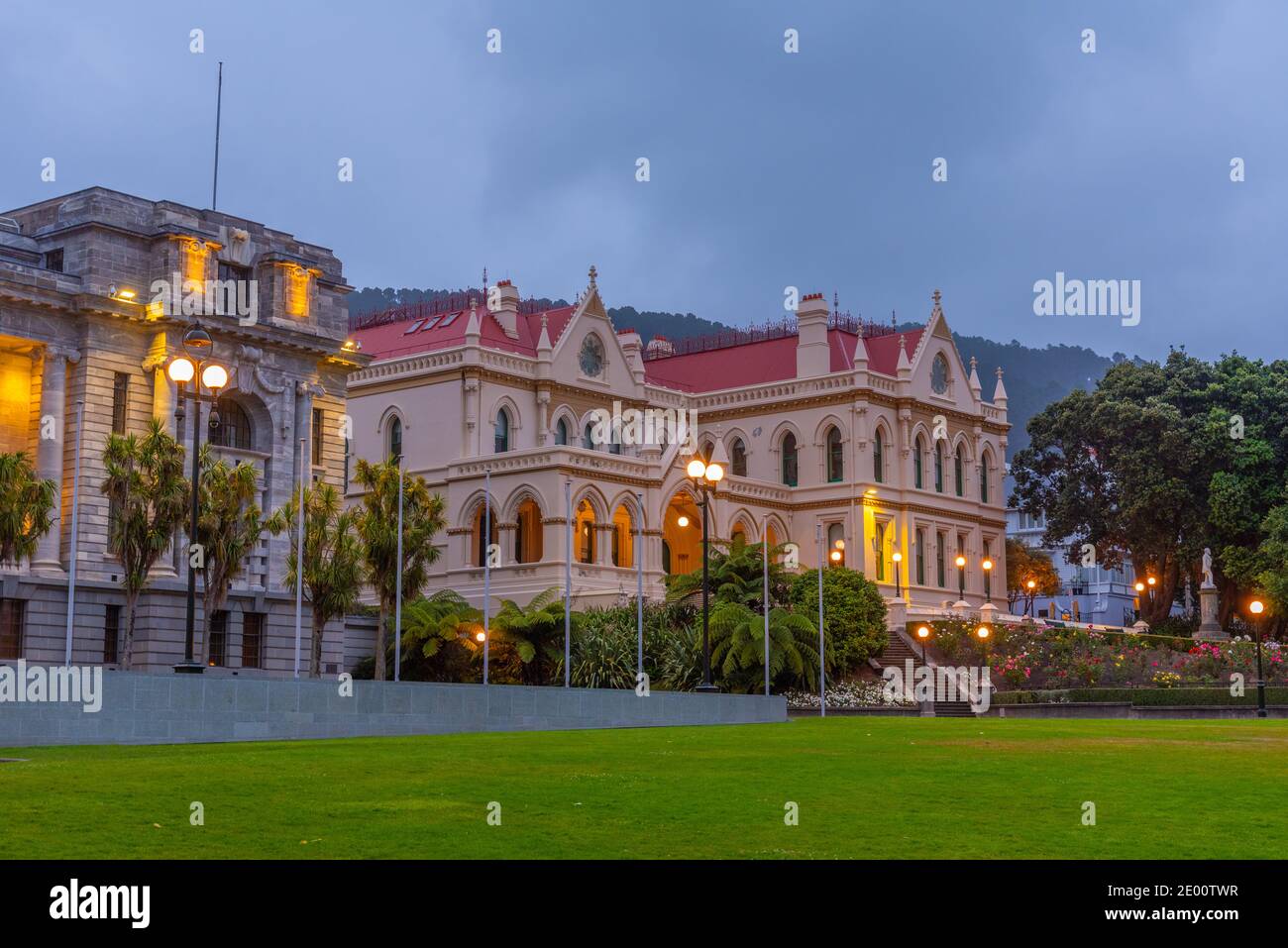 Vista al tramonto della Biblioteca parlamentare a Wellington, Nuova Zelanda Foto Stock
