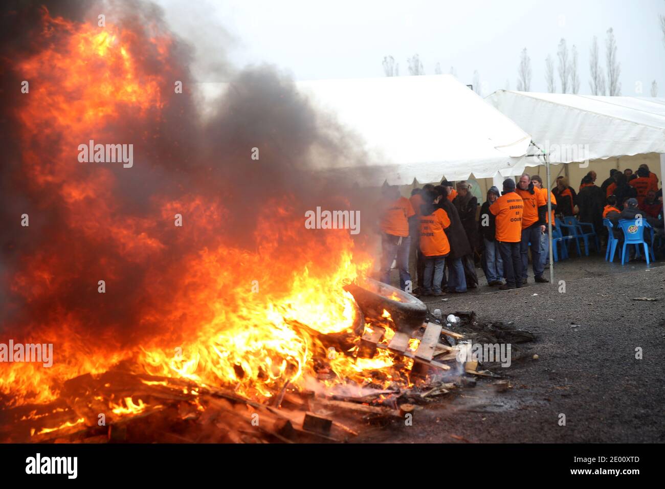 I dipendenti di Marine Harvest, una società specializzata in salmoni affumicati, manifestano presso la loro fabbrica il 5 novembre 2013 a Poullaouen, Francia occidentale, per protestare contro la chiusura pianificata del sito e i tagli di lavoro. Foto di Julien Ermine/ABACAPRESS.COM Foto Stock