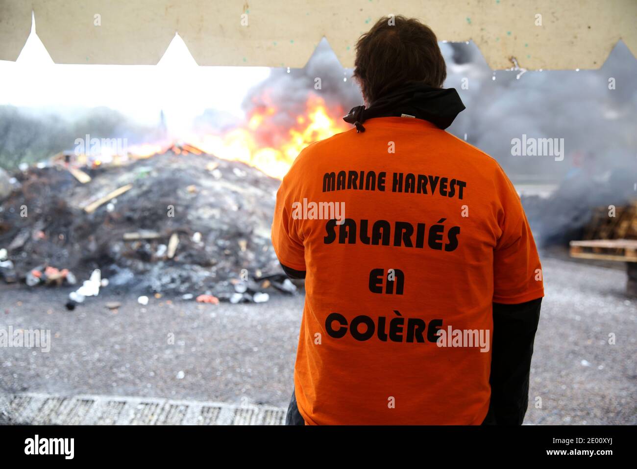 I dipendenti di Marine Harvest, una società specializzata in salmoni affumicati, manifestano presso la loro fabbrica il 5 novembre 2013 a Poullaouen, Francia occidentale, per protestare contro la chiusura pianificata del sito e i tagli di lavoro. Foto di Julien Ermine/ABACAPRESS.COM Foto Stock