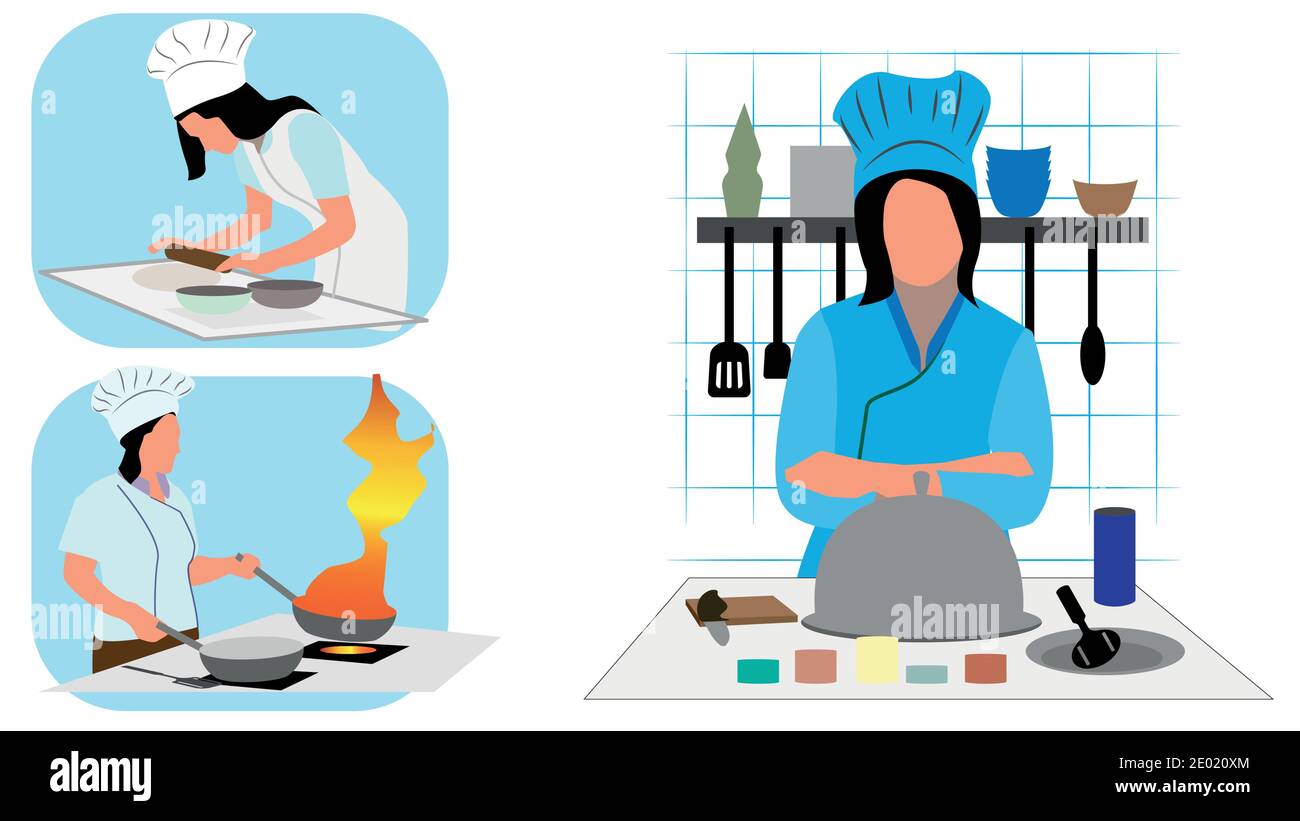 Set di cucina donna chef nella cucina ristorante modificabile illustrazione vettoriale Illustrazione Vettoriale