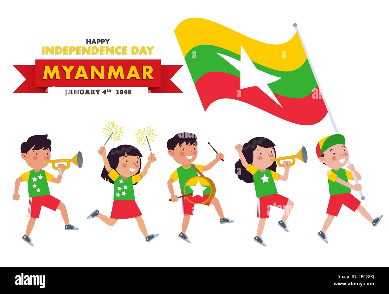 I bambini del Myanmar di varie tribù stanno parando commemorando e celebrando Il giorno dell'indipendenza del Myanmar Illustrazione Vettoriale