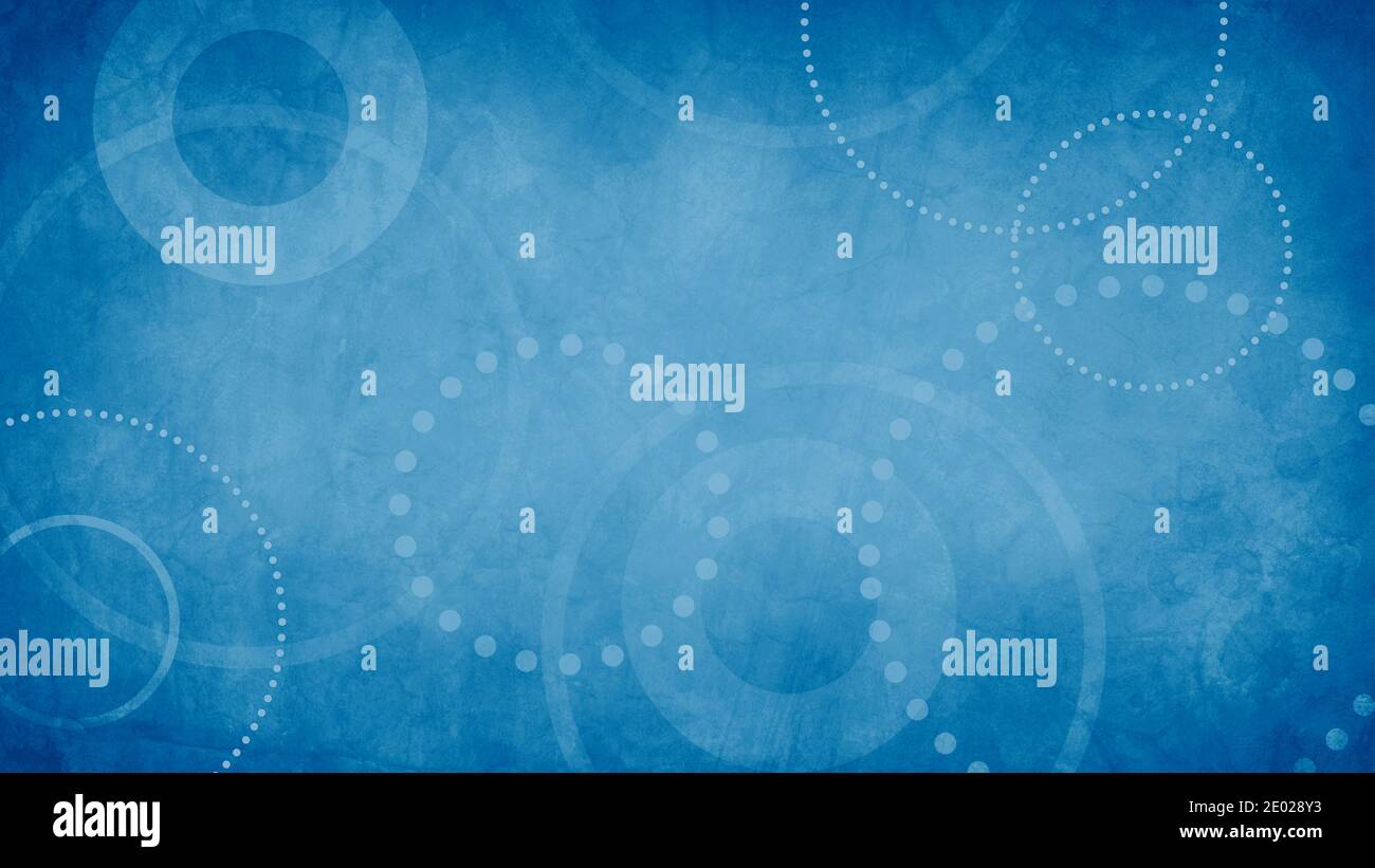 sfondo blu astratto con texture grunge e cerchi geometrici bianchi e puntini nel vecchio disegno vintage della carta Foto Stock