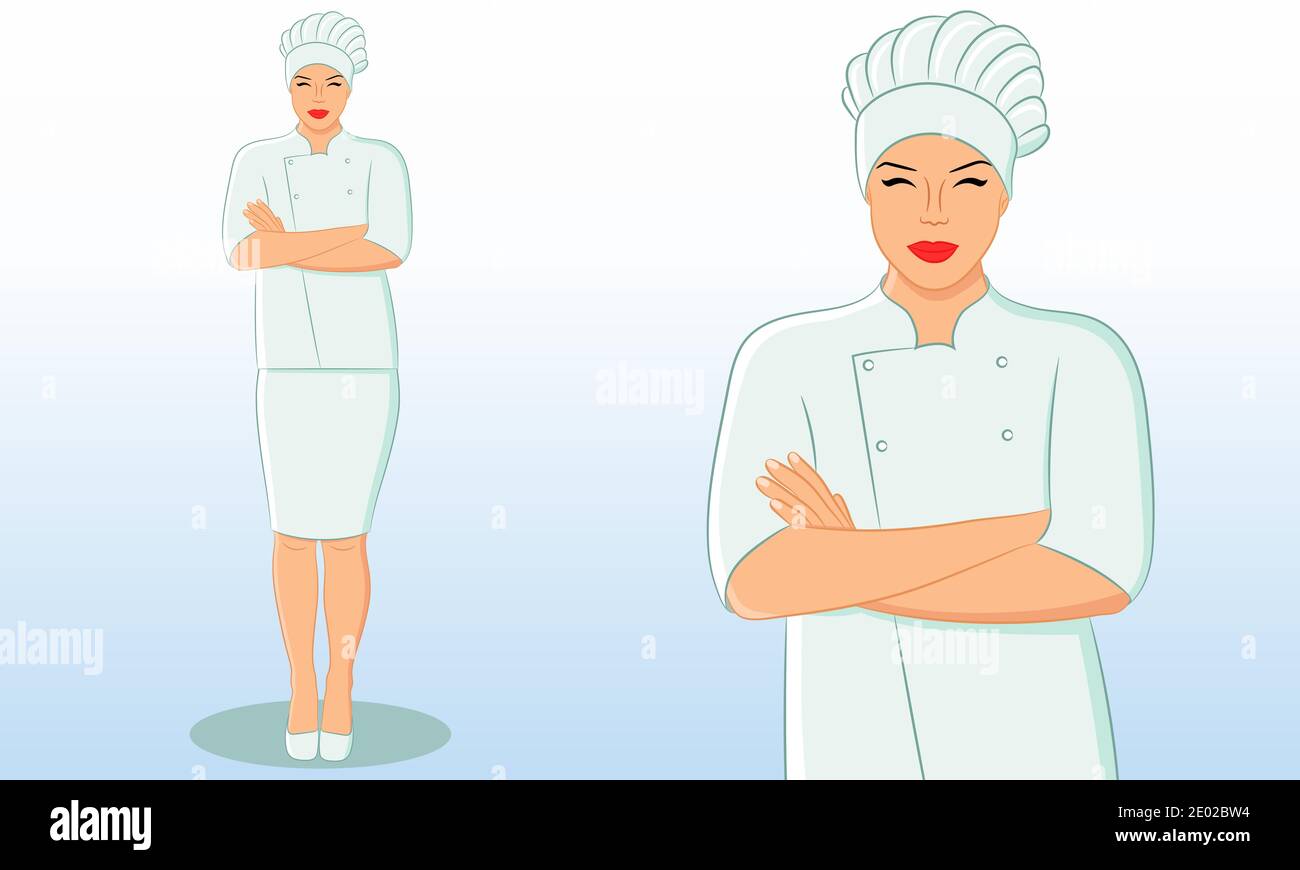 Lunghezza completa e Ritratto di bella donna sorridente chef o cuoco  indossando cappello chef e uniforme. Food Influencer, lezione di cucina,  tutorial video. V Immagine e Vettoriale - Alamy