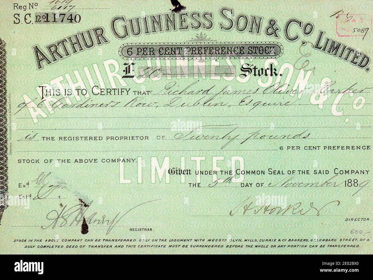 Arthur Guinness Son & Co. Limited, 6 % Preference Stock über £ 20 vom 05.11.1889, 5 novembre 1889 Foto Stock