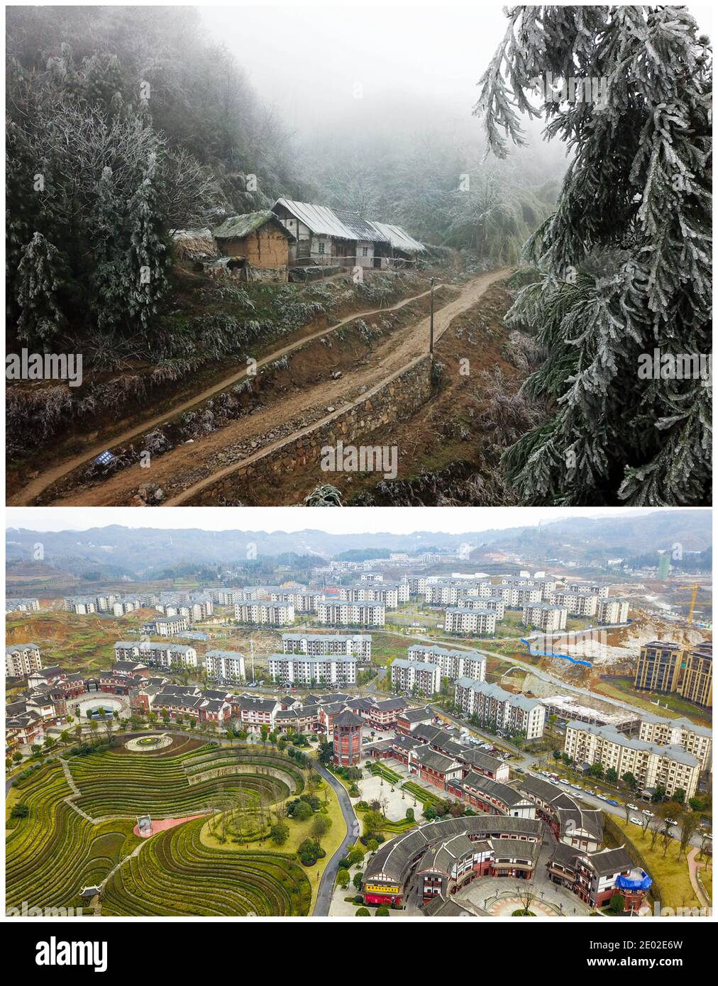 (201229) -- BIJIE, 29 dicembre 2020 (Xinhua) -- Combo fotografia aerea mostra una passerella alla vecchia casa di li Changde al villaggio di Hetou di Sanyuan Township nella contea di Dafang, provincia sudoccidentale di Guizhou, il 13 dicembre 2018 (in alto) e una nuova comunità, dove ora vive li, Per alleviare la povertà delocalizzazione a Shexiang antica cittadina della Contea di Dafang il 24 dicembre 2020. Li Siyu, 8 anni, e la sua sorella di 6 anni li Qingyi, vivevano in passato al villaggio di Hetou come membri di una famiglia colpita dalla povertà. Dovevano passare quasi un'ora a piedi per andare a scuola tutti i giorni. I loro genitori lavoravano in altre città e li CH Foto Stock