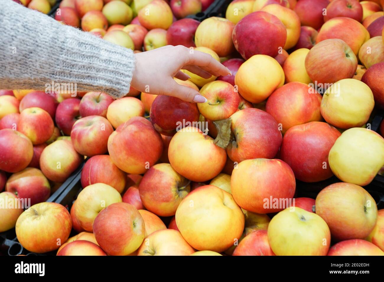 Ragazza con un Apple in mano contro i frutti. Il concetto di shopping nel mercato Foto Stock
