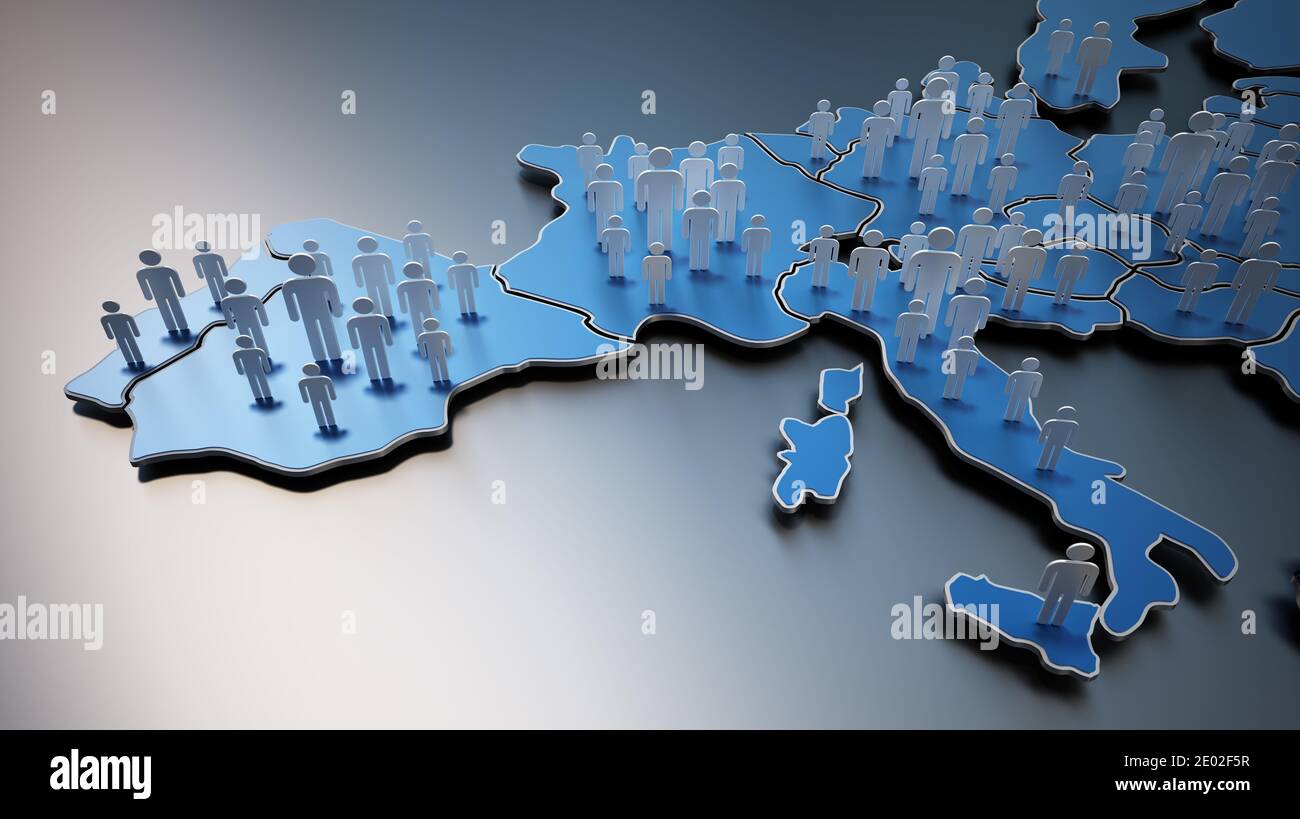 I piccoli in 3D che si levano in piedi sulla mappa dell'Europa. Illustrazione 3D. Foto Stock