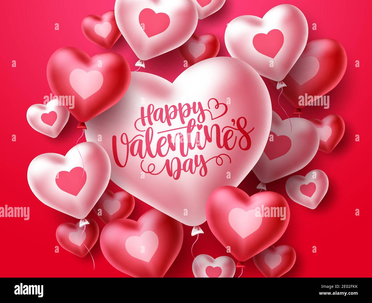 Felice valentines giorno vettore cuore disegno. La tipografia del saluto di San Valentino in elementi a forma di cuore palloncino fluttuante in sfondo rosso. Vettore Illustrazione Vettoriale