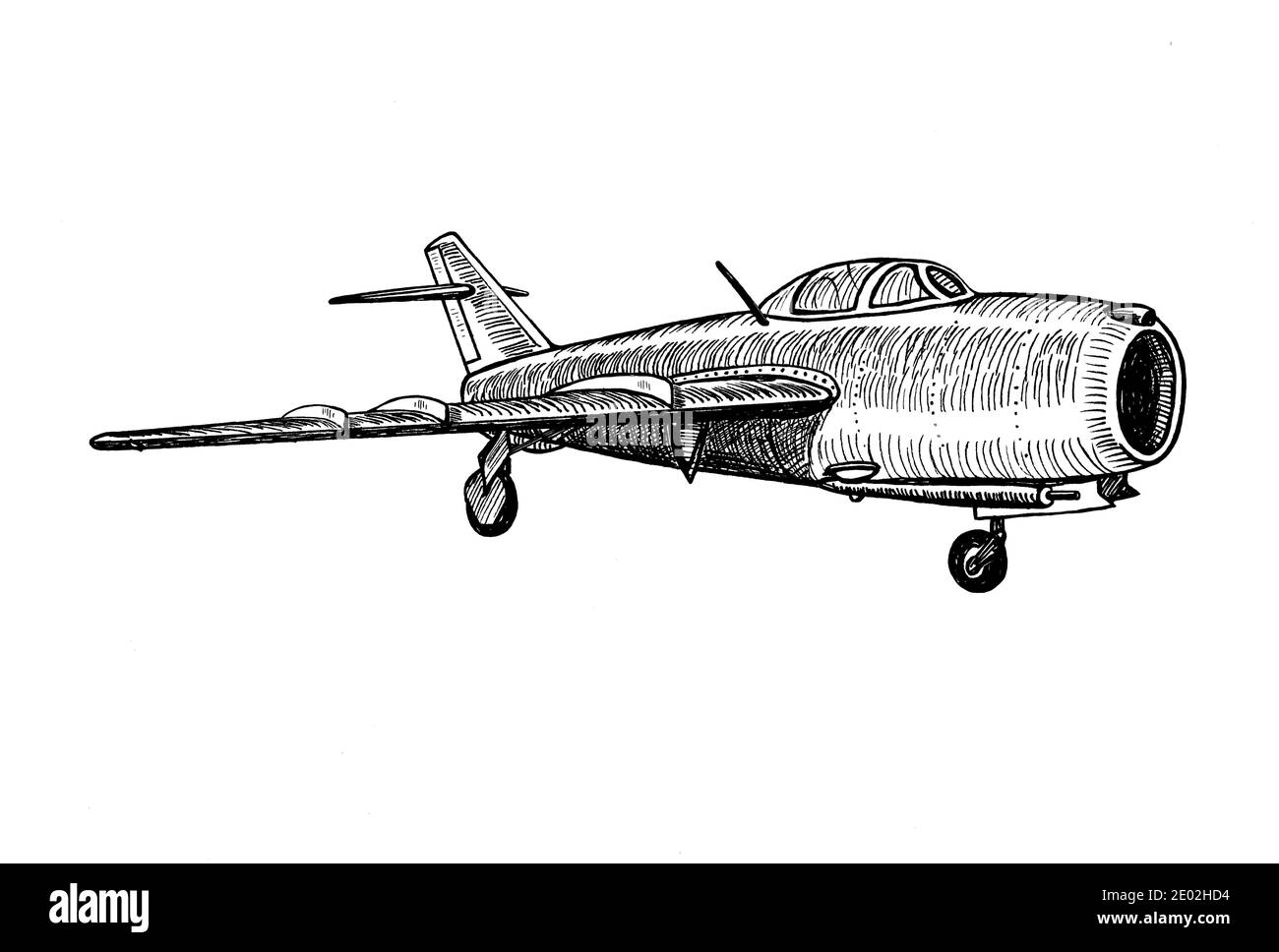 Alto-subsonic jet fighter Aircraft disegno a mano realistic sketch doodle grafica monocromo illustrazione su sfondo bianco (originali, no tracing) Foto Stock