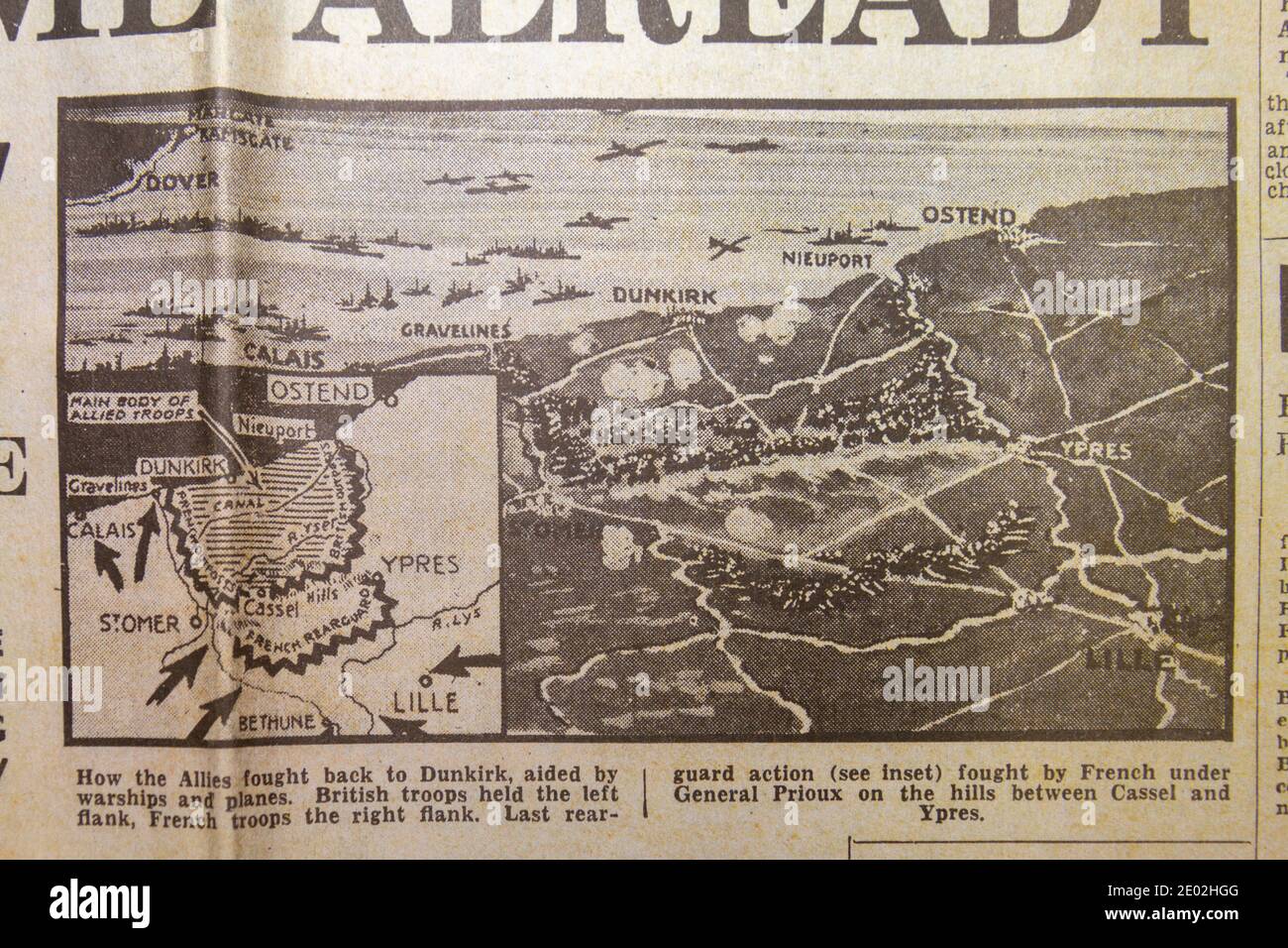 Mappa che mostra l'area di evacuazione di Dunkerque nel quotidiano Daily Express (replica) il 31 maggio 1940. Foto Stock