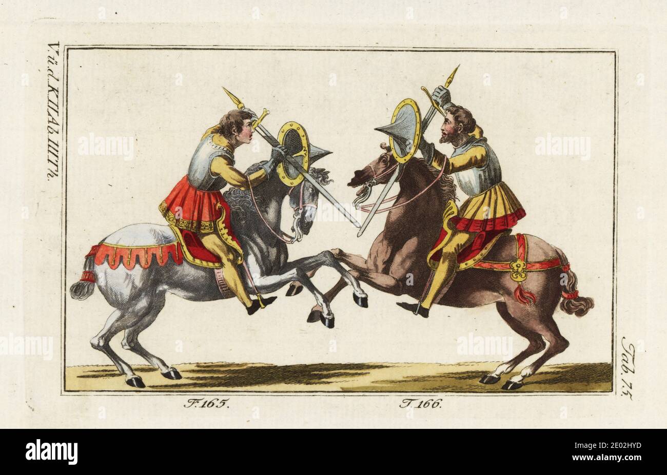 Due cavalieri in armatura a cavallo combattendo un duello con spade in un  tourney medievale. Entrambi i cavalieri combattono con la spada lunga e con  il targe o lo scudo, il cuirass