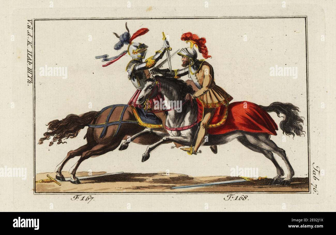 Due cavalieri in armatura di timone e piatto a cavallo combattendo un duello con pugnali in una tourney. Entrambi i cavalieri hanno lasciato le spade e attaccano di nuovo con pugnali, quello a sinistra che parica il taglio oscillante del suo avversario. Copiato da un taglio di legno di Jost Amman in Ritterliche Reutter Kunst, 1584. Incisione a mano su copperplate dal quadro storico di Robert von Spalart dei costumi del principale popolo dell'antichità e del Medioevo, Vienna, 1802. Foto Stock