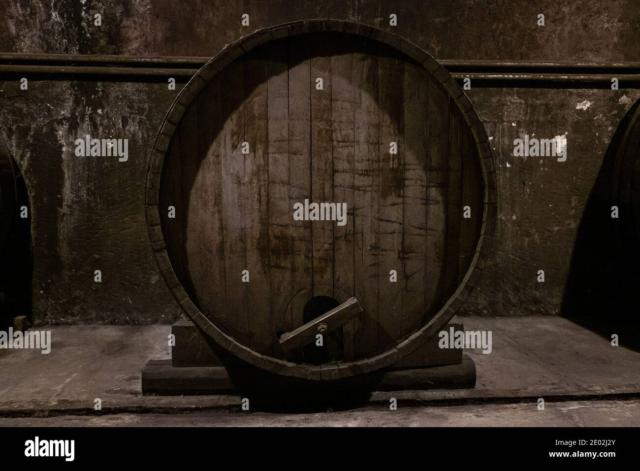 Grande barile di quercia con primo piano di vino. Si trova in una vecchia cantina scura. Foto Stock