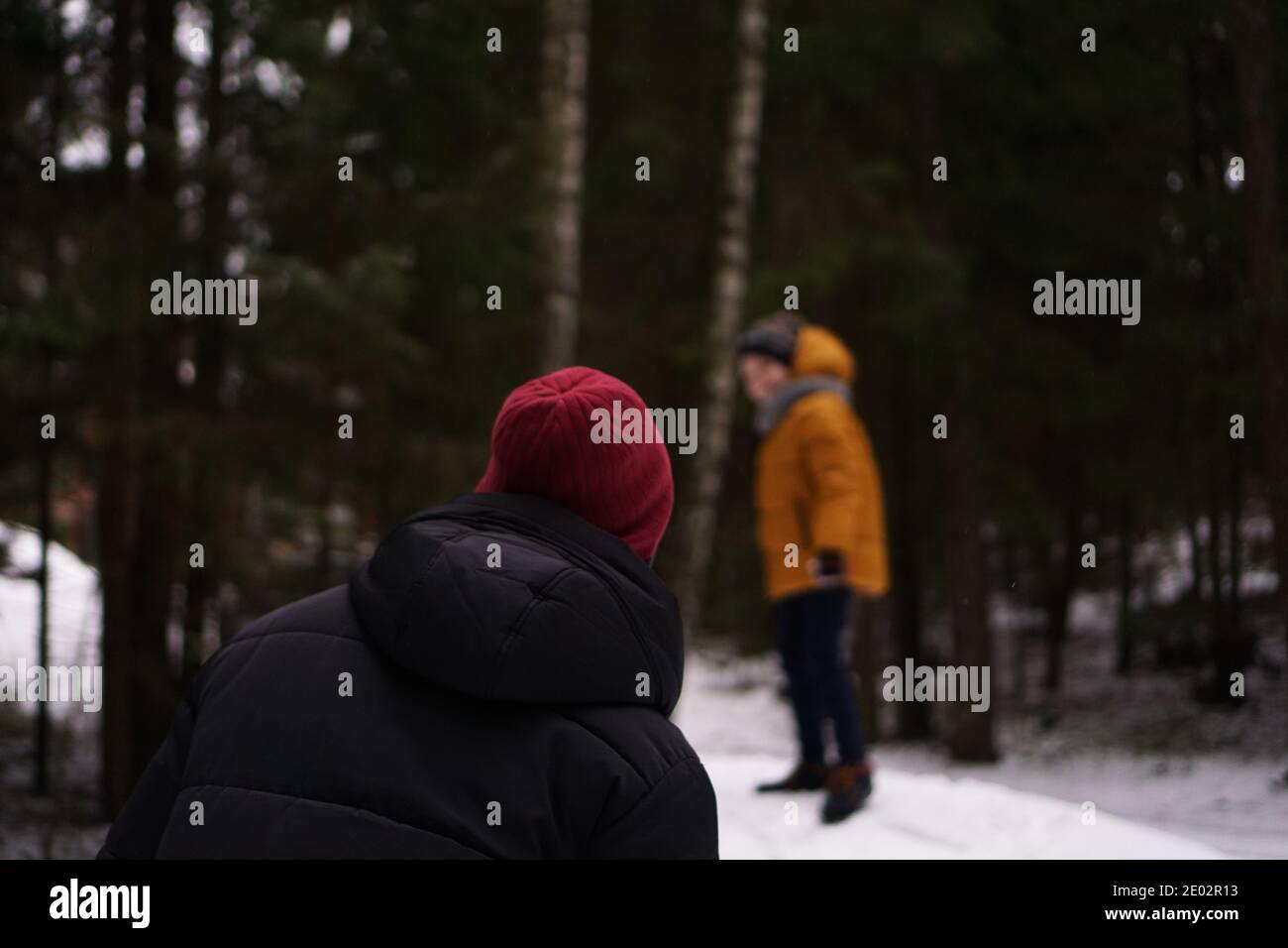 Padre e figlio che giocano palle di neve nella foresta - offuscato sfondo Foto Stock