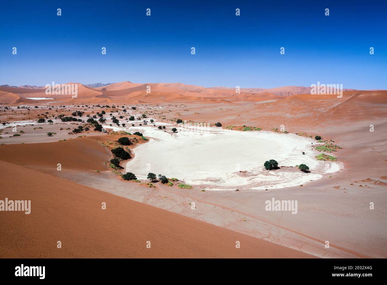 Vista dalla Big Mama Dune a Sossusvlei Pan, Namib Naukluft Park, Namibia Foto Stock