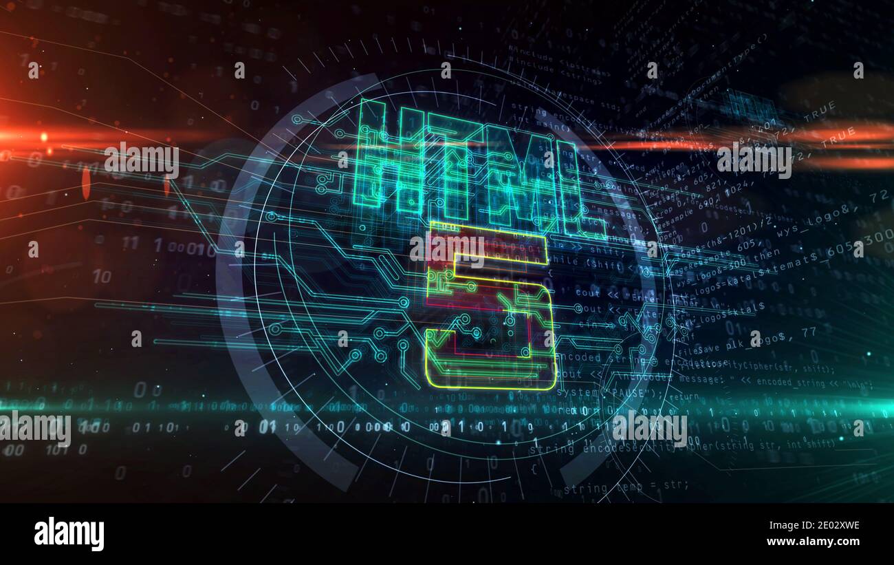 Simbolo HTML5, sviluppo, codice, linguaggio informatico e tecnologia di programmazione. Illustrazione del rendering 3d del concetto astratto futuristico. Foto Stock