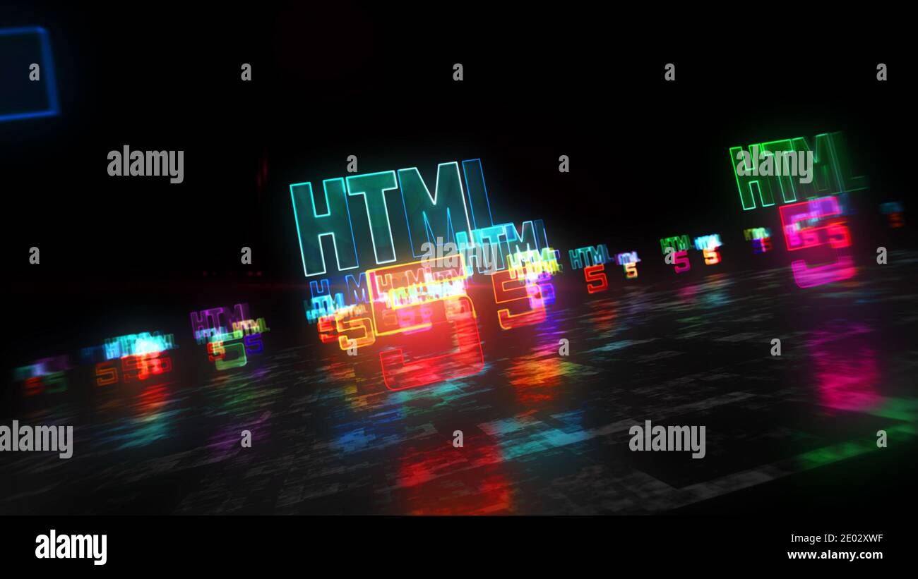 Simbolo HTML5, sviluppo, codice, linguaggio informatico e tecnologia di programmazione. Illustrazione del rendering 3d del concetto astratto futuristico. Foto Stock