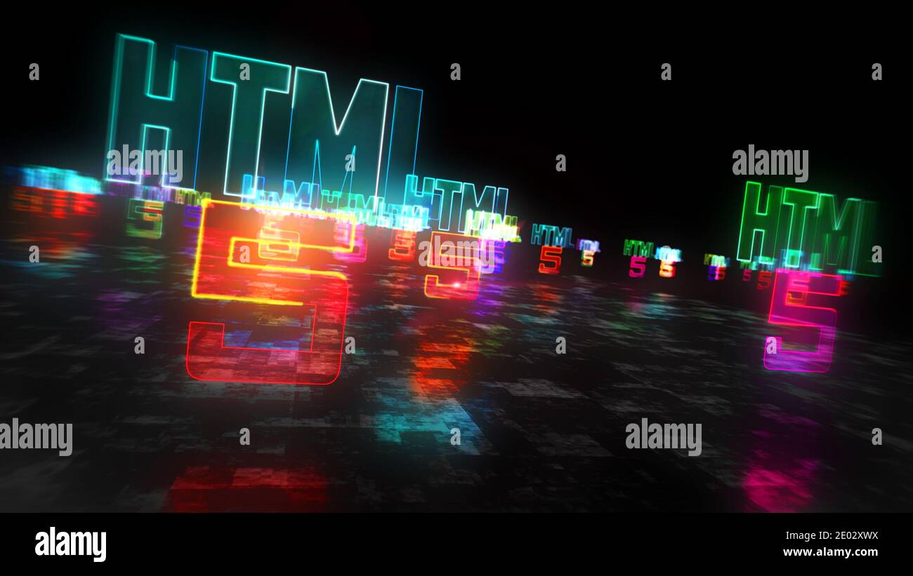 Simbolo HTML5, sviluppo, codice, linguaggio informatico e tecnologia di programmazione. Illustrazione del rendering 3d del concetto astratto futuristico. Foto Stock