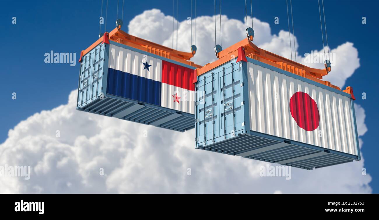 Contenitori merci con bandiere nazionali del Giappone e del Panama. Rendering 3D Foto Stock