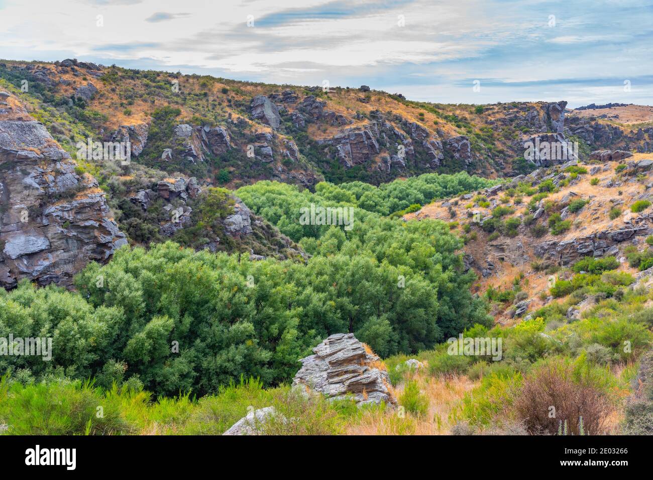Valle del fiume Ida Burn a Central Otago bicicletta ferroviaria Trail in Nuova Zelanda Foto Stock